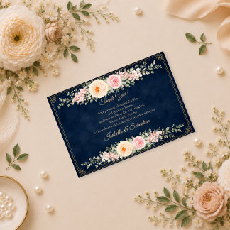 Carte De Remerciements Mariage Floral Élégant en Nuit Bleue