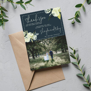 Carte De Remerciements Mariage floral enchanté de minuit bleu
