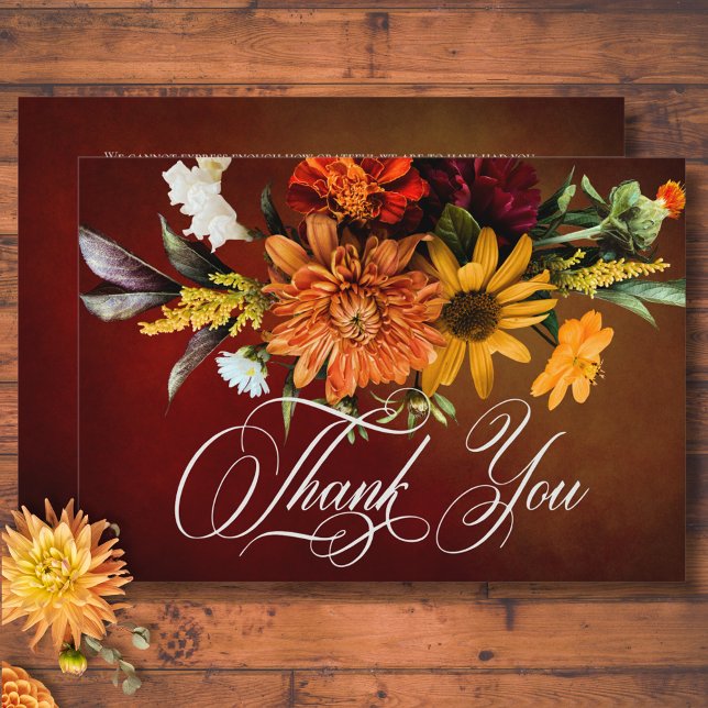 Carte De Remerciements Mariage floral foncé élégant coucher de soleil d'é (Dark Elegant Summer Sunset Floral Blur Wedding Thank You Card)