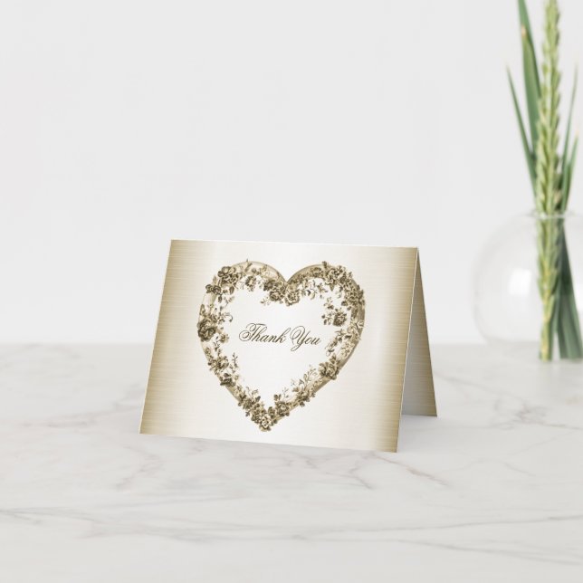 Carte De Remerciements Mariage Floral Golden Ornate Heart Frame Élégant (Devant)