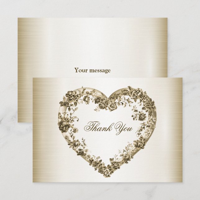 Carte De Remerciements Mariage Floral Golden Ornate Heart Frame Élégant (Devant / Derrière)