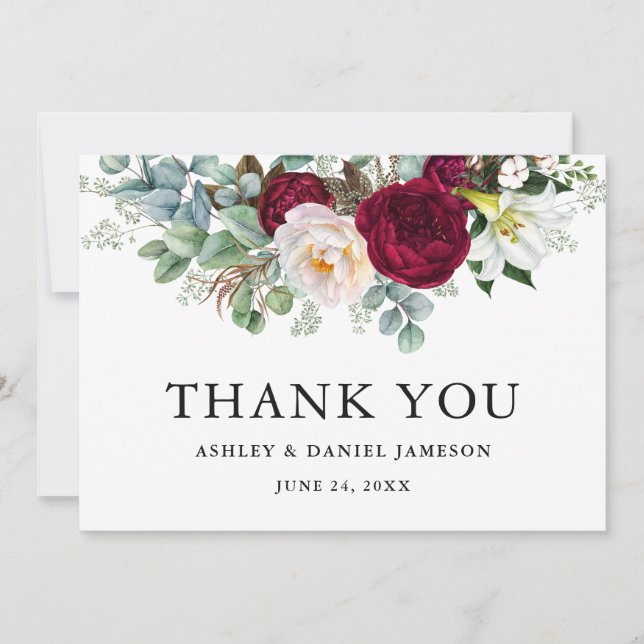 Carte De Remerciements Mariage Floral Greenery Bourguignon Aquarelle B (Devant)