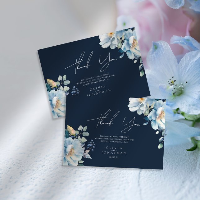 Carte De Remerciements Mariage floral hivernal aquarelle bleu (Créateur téléchargé)