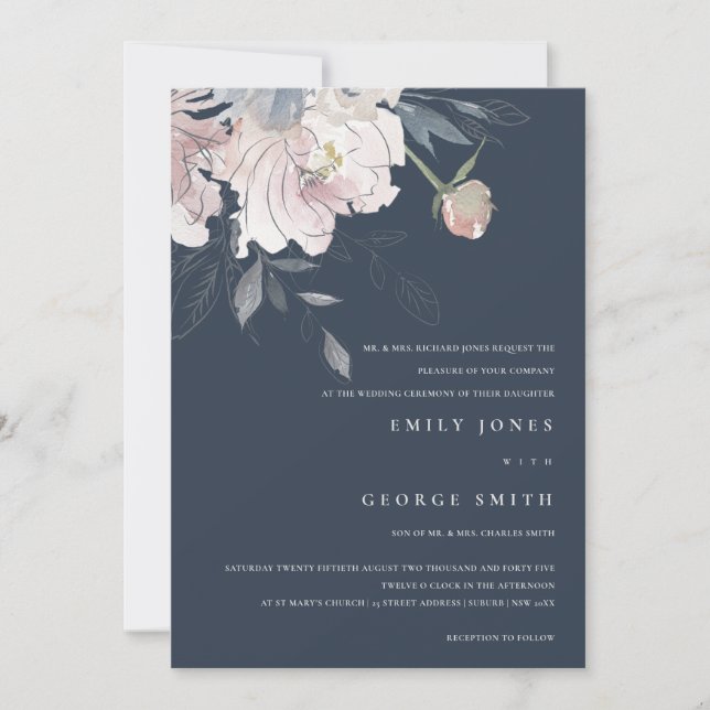 CARTE DE REMERCIEMENTS MARIAGE FLORAL INVITÉ MARITIME ROSE BLEU (Devant)