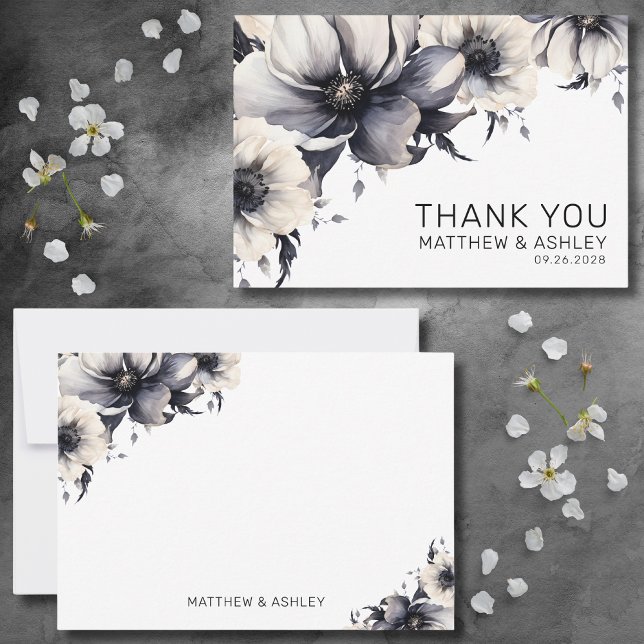 Carte De Remerciements Mariage floral noir blanc noir (Modern Elegant Floral Boho Black White Wedding Thank You Card)