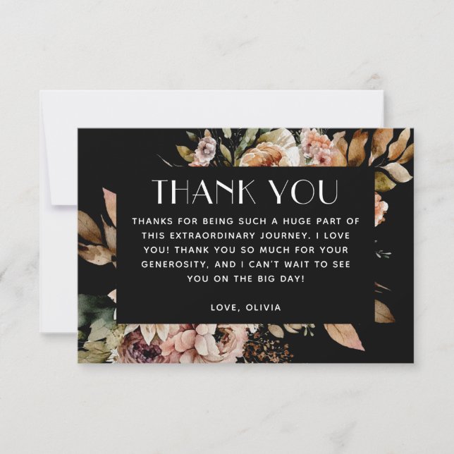 Carte De Remerciements Mariage Floral Noir | Boho Romantique Automne (Devant)