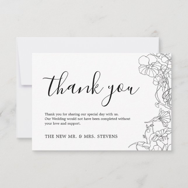 Carte De Remerciements Mariage floral noir et blanc simple (Devant)