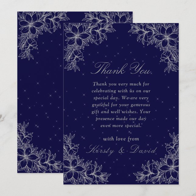 Carte De Remerciements Mariage floral orné d'argent (Devant / Derrière)