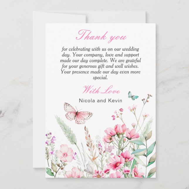 Carte De Remerciements Mariage Floral Papillon Rose Printemps (Devant)