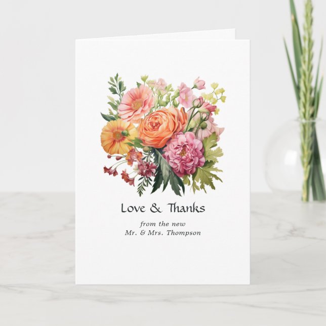 Carte De Remerciements Mariage floral rose, orange et vert (Devant)