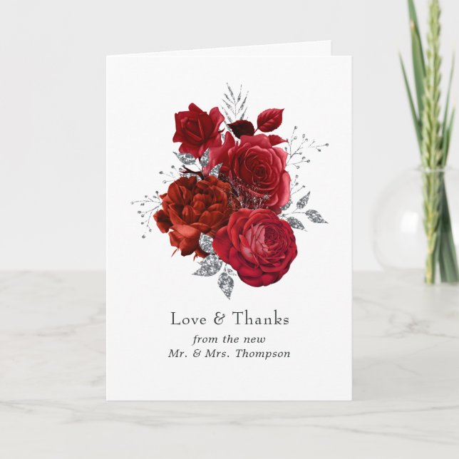 Carte De Remerciements Mariage floral rouge et argent (Devant)