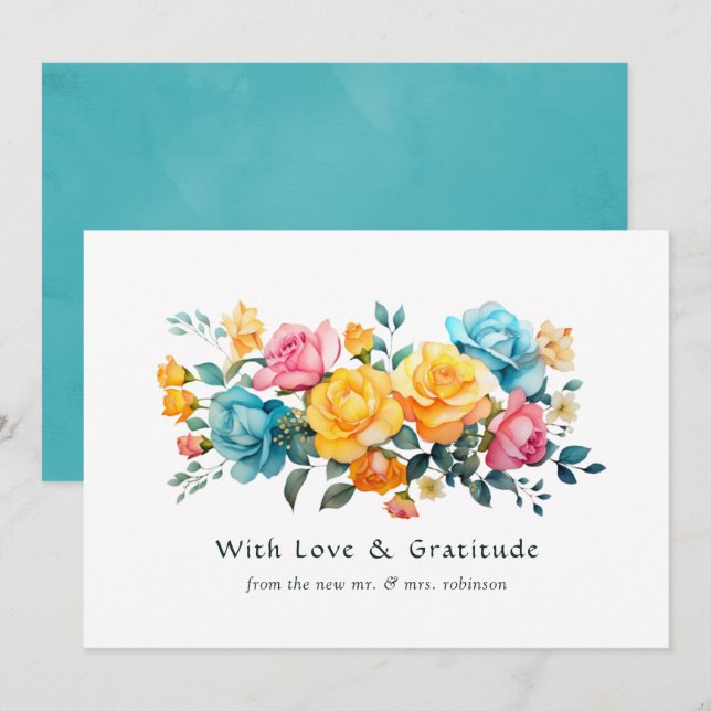 Carte De Remerciements Mariage floral turquoise, jaune et rose (Devant / Derrière)