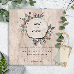 CARTE DE REMERCIEMENTS MARIAGE FLORAL VERT ROSE EN BOIS RUSTIQUE INVITER