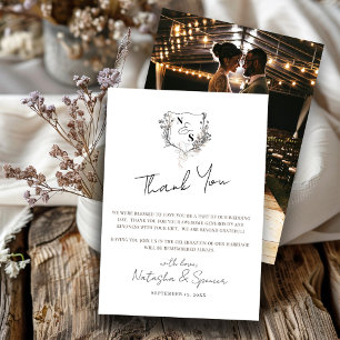 Carte De Remerciements Mariage Formel Noir & Blanc à Monogramme de Blason