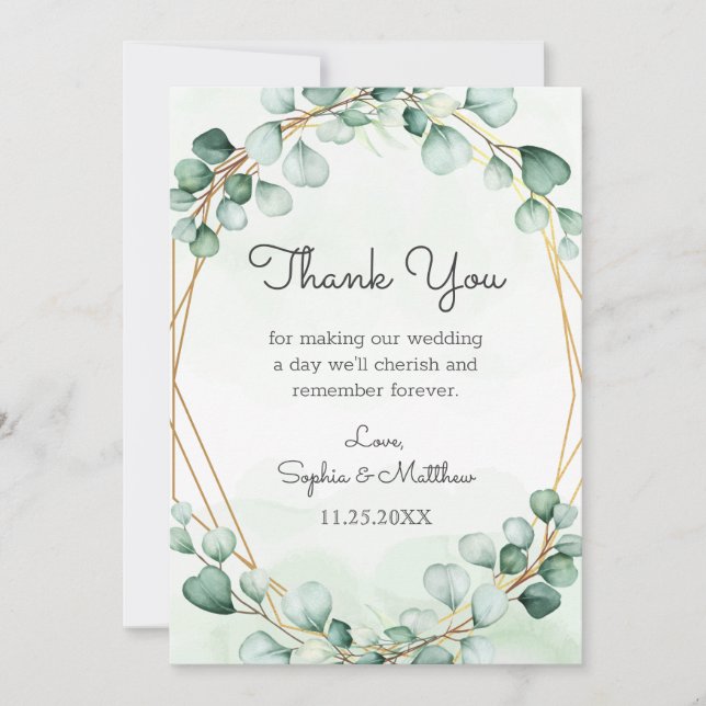 Carte De Remerciements Mariage géométrique cadre Eucalyptus or vert (Devant)