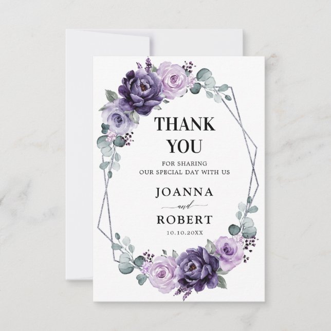 Carte De Remerciements Mariage géométrique de fleurs florales d'argent vi (Devant)