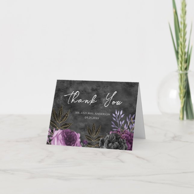 Carte De Remerciements Mariage gothique violet et noir floral (Devant)