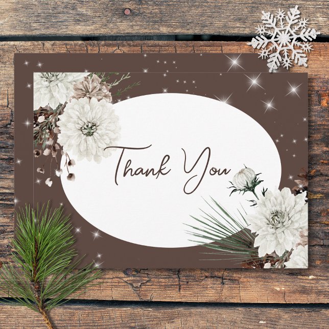 Carte De Remerciements Mariage hivernal rustique au pin et au cacao scint (Rustic Cocoa Pine Winter Sparkle Wedding Thank You Card)