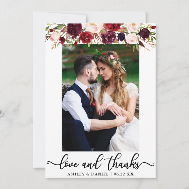 Carte De Remerciements Mariage Love and Thanks Burgundy Floral Photo (Devant)
