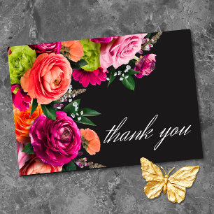 Carte De Remerciements Mariage Luxe Floral Vibrant Rose Noir