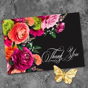 Carte De Remerciements Mariage Luxe Floral Vibrant Rose Noir