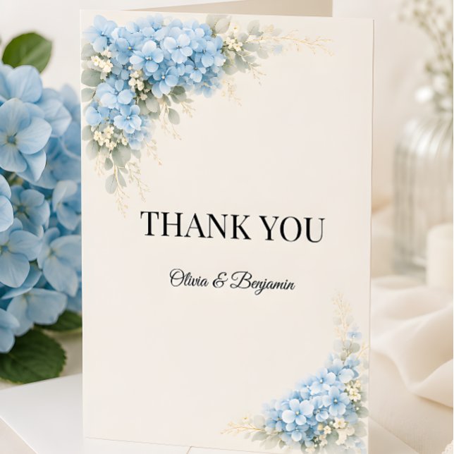 Carte De Remerciements Mariage Luxueux aux Hortensias Bleus Dépoussiérés (Part of the luxury dusty blue hydrangea wedding collection, thank you card)