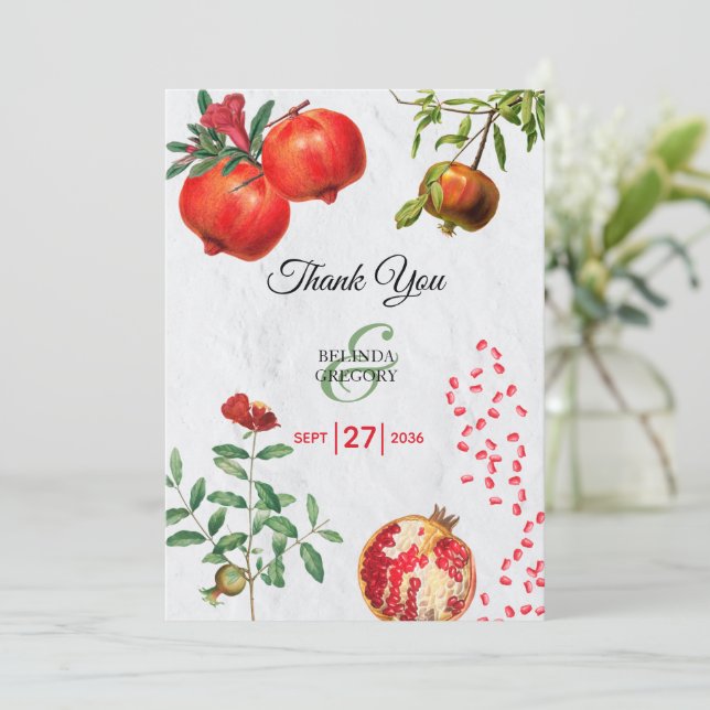 Carte De Remerciements Mariage méditerranéen de la grenade rouge (Debout devant)