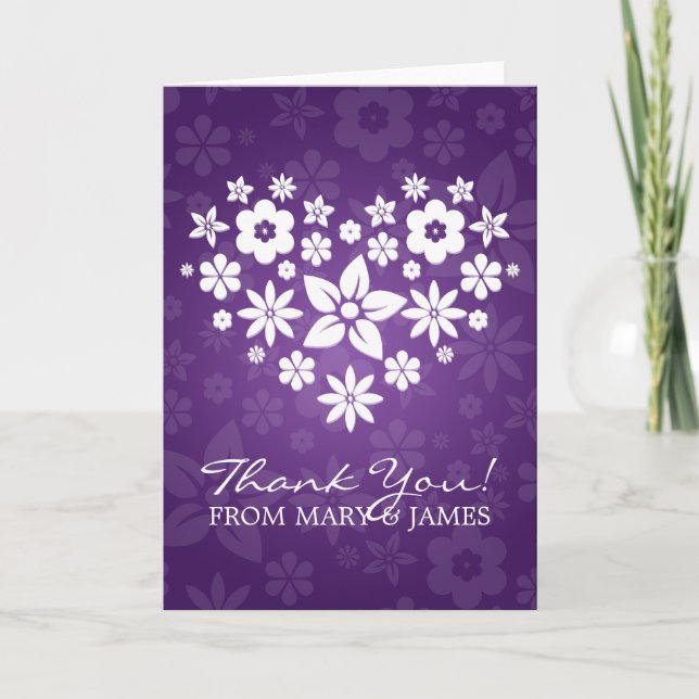 Carte De Remerciements Mariage "Merci" Cœur Fleuri Violet (Devant)