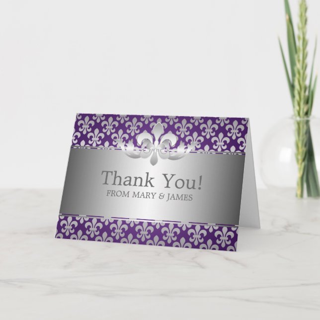 Carte De Remerciements Mariage "Merci" Fleur De Lis Violet (Devant)