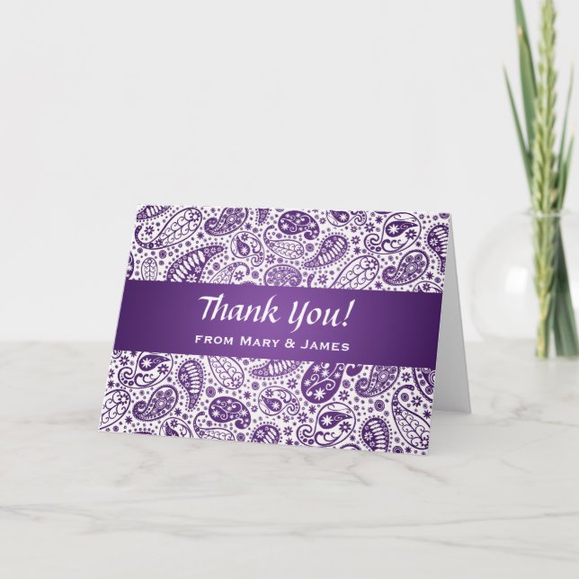Carte De Remerciements Mariage "Merci" Motif Paisley Violet (Devant)