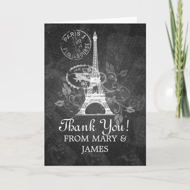Carte De Remerciements Mariage "Merci" Romantique Paris Noir (Devant)