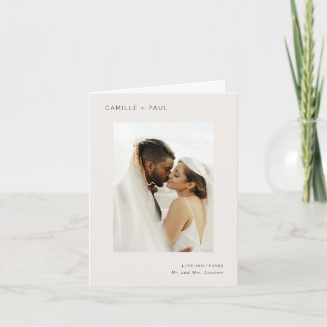 Carte De Remerciements Mariage minimaliste de photo neutre élégant (Devant)