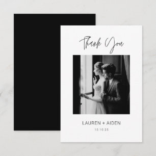 Carte De Remerciements Mariage minimaliste en noir et blanc avec photo de