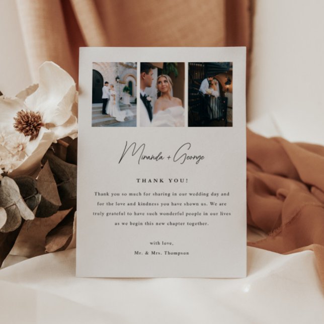Carte De Remerciements Mariage minimaliste moderne écriture 3-Photo (Créateur téléchargé)