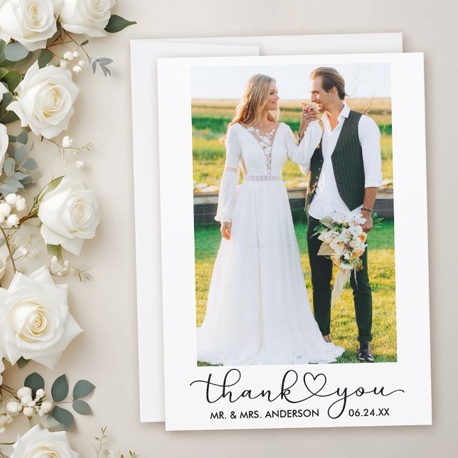Carte De Remerciements Mariage Moderne Calligraphie Coeur Script Photo (Customize to add text to back of card.)