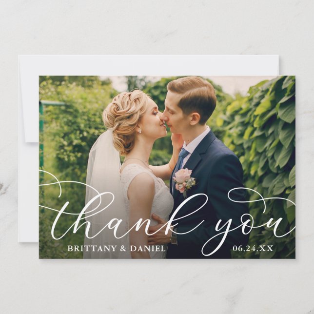 Carte De Remerciements Mariage Moderne Calligraphie Couple Photo (Devant)