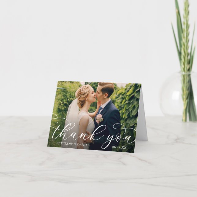 Carte De Remerciements Mariage Moderne Calligraphie Couple Photo Note (Devant)