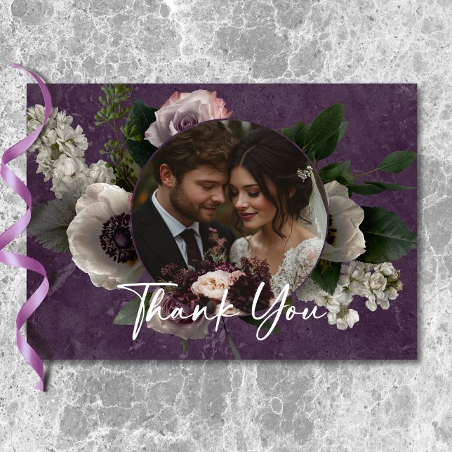 Carte De Remerciements Mariage Moderne Élégant Floral Violet Prune Photo (Plum Purple Elegant Floral Modern Wedding Photo Thank You Card)
