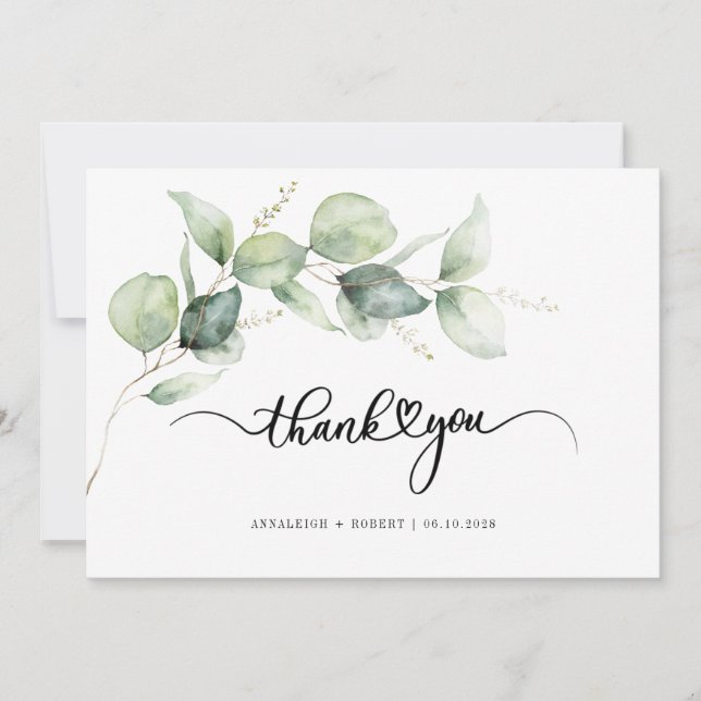 Carte De Remerciements Mariage moderne Eucalyptus vert à la main (Devant)