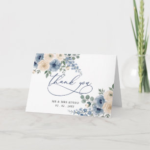 Carte De Remerciements Mariage Moderne Floral Bleu Poussiéreux Ivory Blus