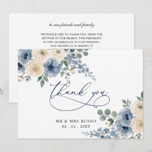 Carte De Remerciements Mariage Moderne Floral Bleu Poussiéreux Ivory Blus
