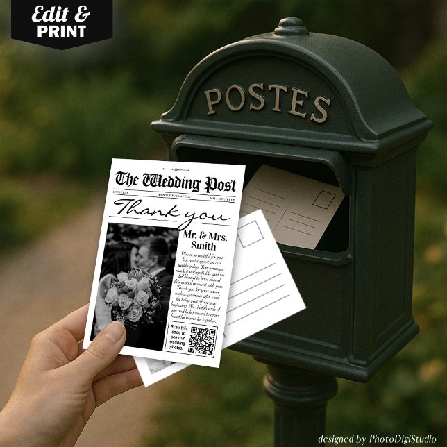 Carte de remerciements Mariage moderne, journal Ma (Modern Thank You Card Wedding Newspaper Card)