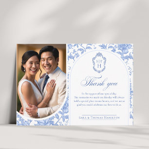 Carte De Remerciements Mariage Monogramme Chinoiserie Florale Bleu de Del