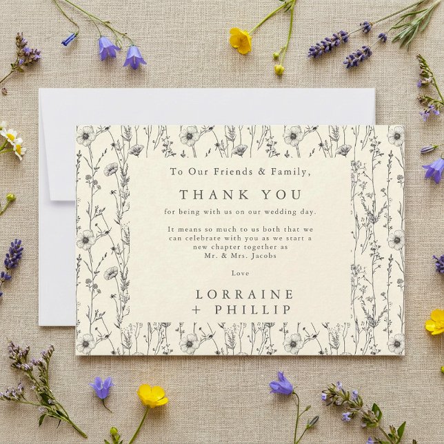 Carte De Remerciements Mariage motif fleur sauvage transparent (Delicate wildflowers seamless pattern wedding thank you card.)