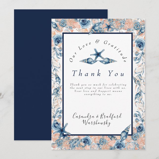 Carte De Remerciements Mariage nautique Beach Coquille de mer Fleurs Rose (Devant / Derrière)