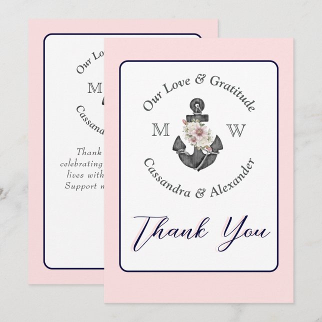 Carte De Remerciements Mariage nautique Floral Ancre Marine bleu et rose (Devant / Derrière)