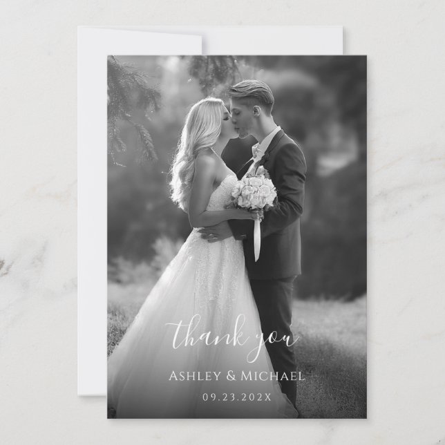 Carte De Remerciements Mariage noir et blanc simple Photo Script moderne (Devant)