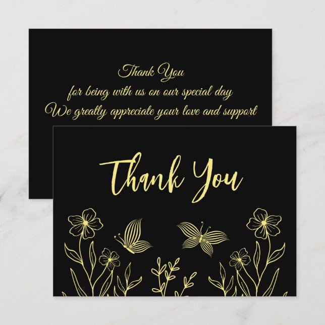Carte De Remerciements Mariage noir fleur d'or simple (Devant / Derrière)