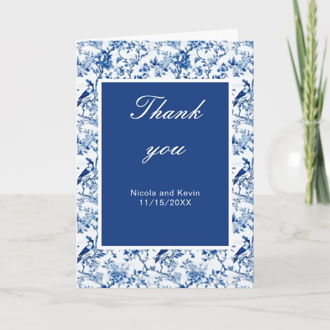 Carte De Remerciements Mariage Oiseaux Bleus et Fleurs de Chinoiserie (Devant)
