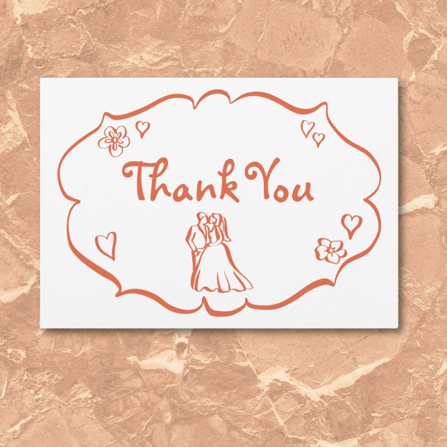 Carte De Remerciements Mariage orangé de Sunset Retro Whimsical (Whimsical Retro Hand Drawn Sunset Orange Wedding Invitation)